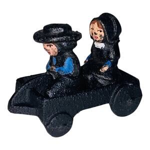 Vtg 1997 John Wright Cast Iron Amish PA Dutch Boy Girl Blue Black Wagon Figurine